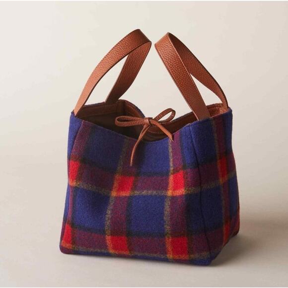 Sundance Maple Glen Tote Red Blue Plaid Wool Felted Leather Handbag Purse Preppy - Picture 1 of 13